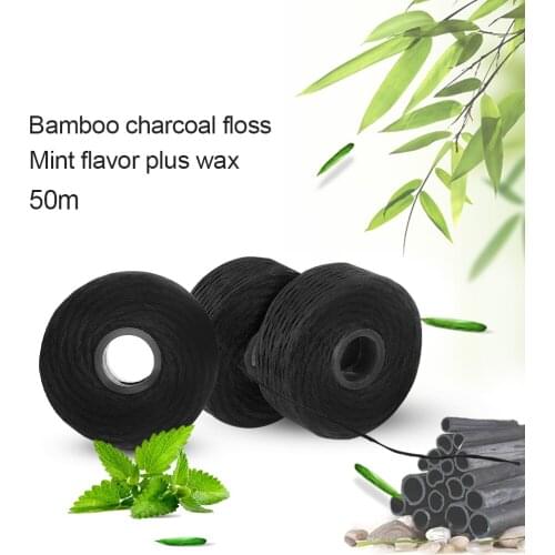 AZDENT 50 Rolls Bamboo Charcoal Dental Flosser 50M Wax Mint Interdental Brush Nylon Built-in Spool Advanced Toothpicks