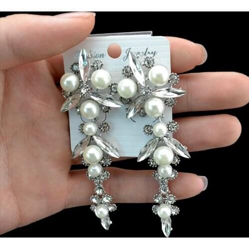 Elegant Big Round Simulated Pearl Long Earrings Crystal Statement Drop Earrings For Women Bridal Wedding Party Holiday Gift