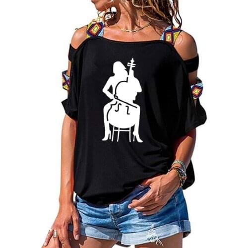 Cello Player - Girl Playing Cello Music T-Shirt Women Loose Cotton Short Sleeve Female T-shirts Fashion Hollow Out Shoulder Tees