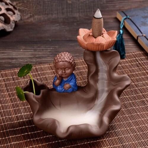 The Little Monk Buddha Ceramic Censer Home Decor Creative Lotus Leaf Smoke Backflow Incense Cones Burner The Monk Incense Holder