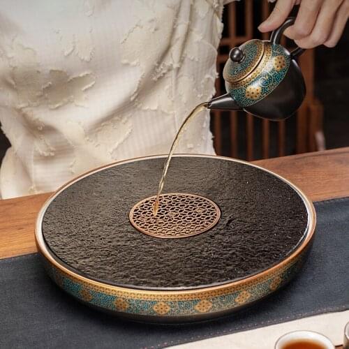 Antique Ceramic Tea Tray Chinese Vintage Round Afternoon Tea Tray Bamboo Drainage Water Storage Plateau Marbre Teaware DK50TT