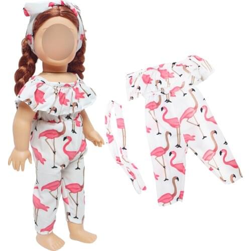 One Set Handmade Cute Pattern Doll Outfit Jumpsuits With Headband Party Wear Clothes for American 18 Inch Baby Accessoriess Toys