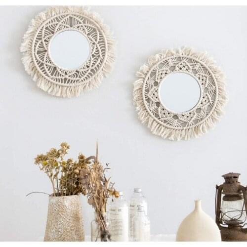 Macrame Mirror Handmade Tapestry Makeup Mirror Hanging Wall Mirrors Bohemian Decoration for Apartment Living Room Bedroom