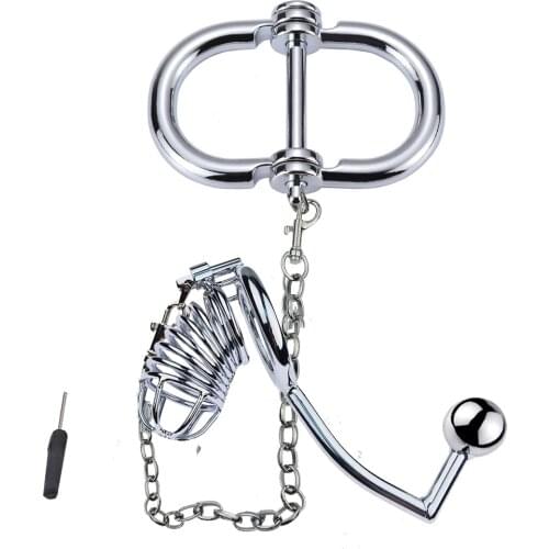 Metal Anti-Off Penis Ring Chastity Cage Anal Plug Handcuff Sex Toys For Men Masturbators Male Female Handcuff Exotic Accessories