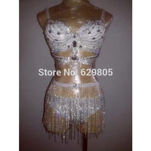 Fashion Shining White Rhinestones Bikini Outfit 3 pieces Set Singer Stage Wear Evening Crystals Chains Sexy Outfits