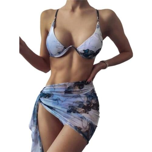 2021 Fashion Women Swimsuit Set Sexy Print Underwire Bra and Panties and Wrap Skirt Three-Piece Suit for Swimming Beach Vacation