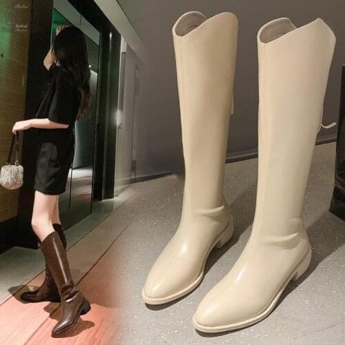 2021 New Womens Shoes Autumn Winter Pointed High Platform Barrel Thick Heel Knight Boots Female Warm Fashion Long Boots REBAI