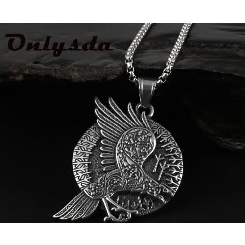 Stainless steel Crow Pendant Necklace Nordic Viking Odin Rune Leather Chain Necklace New Gothic Charms Jewelry OSDZ103