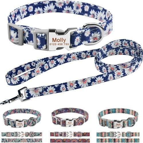 Pet Dog Leash Collars Set Nylon Lead Customized Personalized Puppy ID Name Small Medium Large Dogs Pitbull Bulldog Pugs Beagle