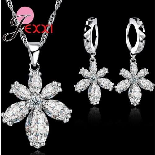 Exaggeration Cubic Zirconia Flower Snowflake Necklace Drop Earring 925 Sterling Silver Jewelry Set Bijoux Wedding Gift