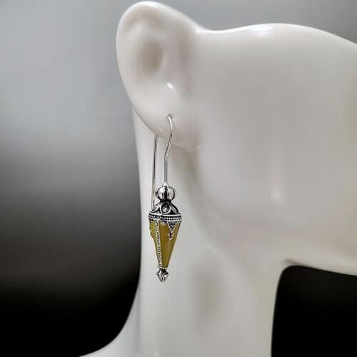 Kazakh Tribal Brass Cone Pendant Dangle Earrings Gypsy Jewelry Silver Color Carved Flower Lantern Hook Earring Mujer