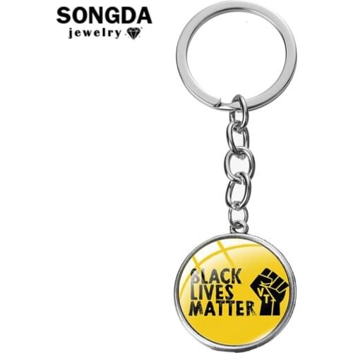 SONGDA Yellow Slogan Black Lives Matter Charm Keychain Afro Power Raised Fist Key Ring Cartoon Pattern Glass Cabochon Key Chain