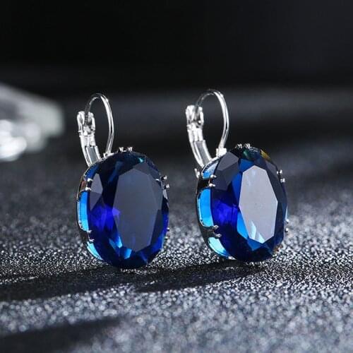 Women Earring Anti-Allergy Big Blue Round Shape Crystal Stone Cube Zirconia Wedding Jewelry Earring High Quality