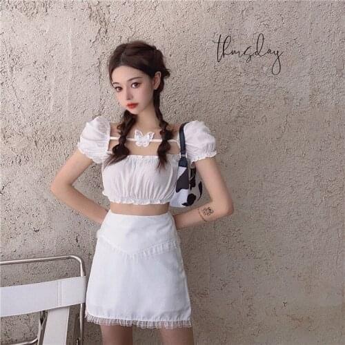Mini-skirt Korean Clothes Women Two Piece Outfits Summer Puff Sleeve Crop Top White Slim Bodycon Ladies Fashion Brand New