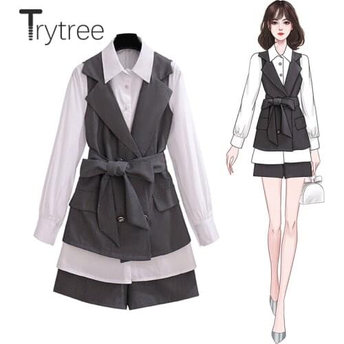 Trytree 2020 Autumn Tow Piece Women Sets Office Lady Personalized Buttons Vest Patchwork Blouse + Shorts Casual Suit 2 Piece Set
