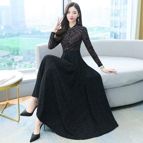 2021 Autumn Winter New Arrival Vintage Dress Cheongsam Style Color Block Stand Collar Long Sleeve Women Long Dress