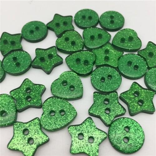 100pcs Dark Green Glitter Heart Star Round Mixed 2 Holes Sewing Buttons Sparkle Shiny Clothing Accessories Christmas Button