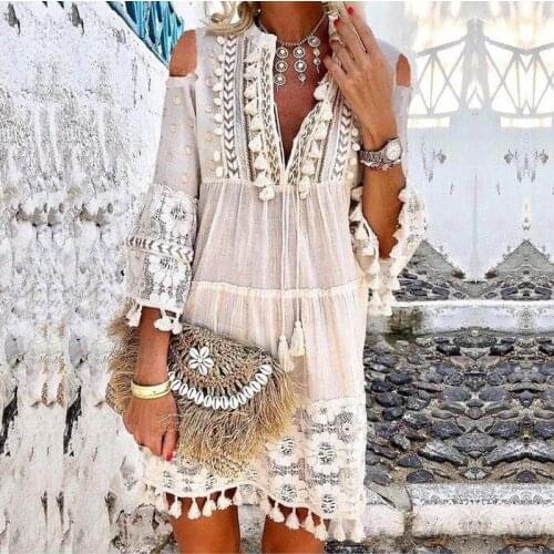 2021 Summer tassel boho dress women v-neck seven loose sleeve short dresses femme holiday bohemian fashion plus size dress rode