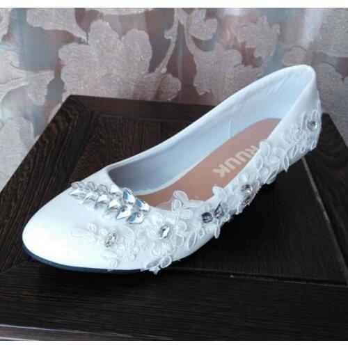 3cm small low heel white lace wedding shoes woman silver crystal rhinestones handmade luxury white laces shoes bride pumps