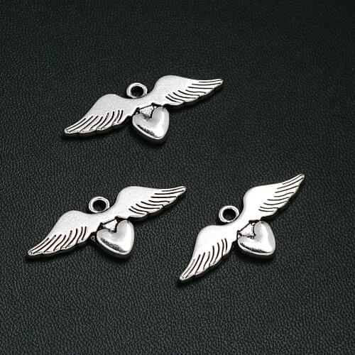 6PCS/Lots 15x34mm Antique Silver Plated Angel Wing Charms Fairy Heart Pendants For DIY Earring Jewelry Making Accessories Parts