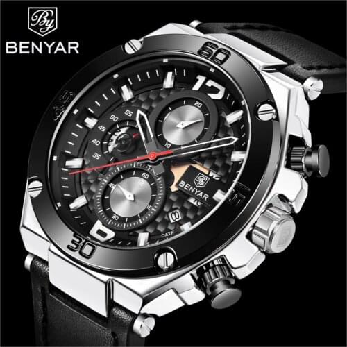 BENYAR 2021 Men Watches Top Brand Luxury Quartz Chronograph Watch Men Fashion Waterproof Genuine Leather Clock relogio masculino