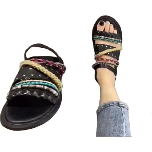 Europe Ethnic Womens Shoes New Cowhide Handmade Color Rope Sandals Womens Summer Ethnic Style Flat Roman Shoes European Goods