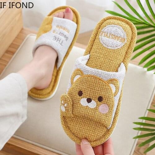 IF IFOND Indoor Slippers Floor Flat Shoes Cartoon Bear Anti-slip Home Flax Linen Sandals Unisex House Slippers Cotton Slides