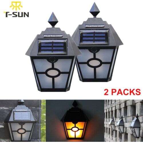 T-SUN 2Packs Solar Wall Light Solar Simulation Flame Wall Lamp IP65 Solar Power Outdoor Garden Wall Path Yard Landscape Lighting