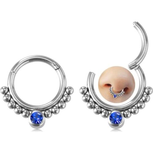 HONGTU 1PC Blue CZ Crystal Nose Rings Stainless Steel Hinged Segment Ring Septum Piercings Nostril Hoop Lip Cartilage Earrings