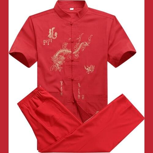 Chinese Men Taichi Uniform Kung Fu Suit Embroidery Wu Shu Uniform Tai Chi Clothing Short Sleeve Shirt+Pant Wushu Clothing
