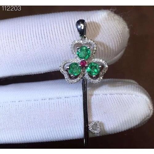 Natural green emerald pendant S925 silver Natural gemstone Pendant Necklace trendy elegant Key Clover women party fine jewelry