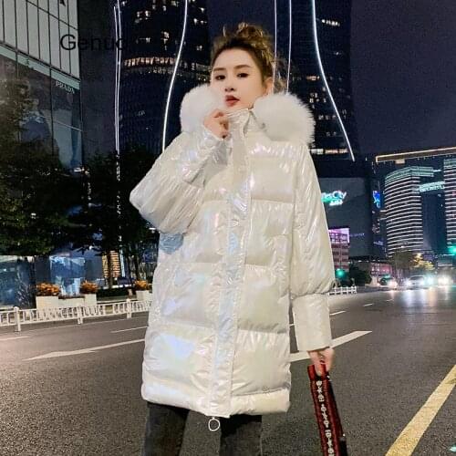 Bright White Winter Jacket Women New Hooded Fur Collar Long Winter Parkas Thicken Cotton Padded Coats Casual Women Jacket