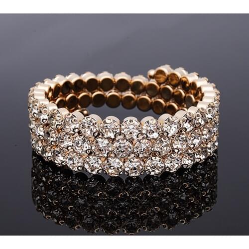 Multilayer Full Crystal Wide Bracelet For Women Adjustable Gold Silver Color Bangle Bridal Wedding Jewelry