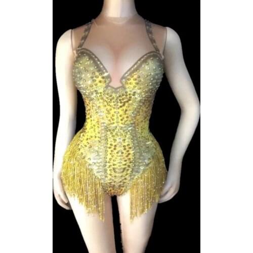 Fashion Gold Tassel Sparkly Rhinestones Bodysuit Female Singer Stage Neon Bright Sexy Costume One-piece Clothing