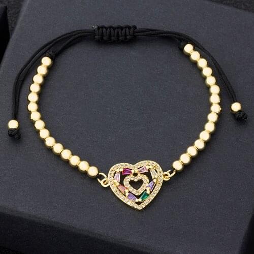 Boho Fashion Adjustable Bracelets For Women CZ Stone Copper Beads Heart Round Evil Eye Bangle Gold Color Charm Jewelry Gift