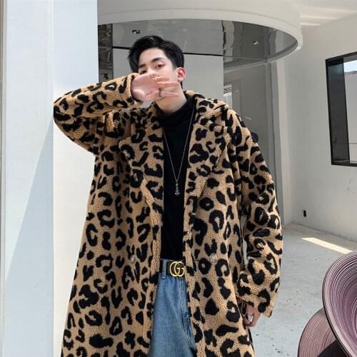 Print Windbreaker Men Coat Vintage Leopard Faux Fur Loose Long Trench Jacket Male Streetwear Outerwear Lovers Overcoat