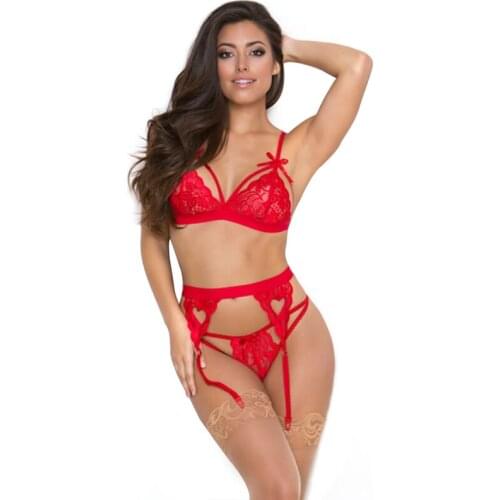 New Women 3pcs Sexy Lingerie set Lace Garter stocking clip+ Exotic Bandage Nightwear Sheer Underwear +G-string Transparent