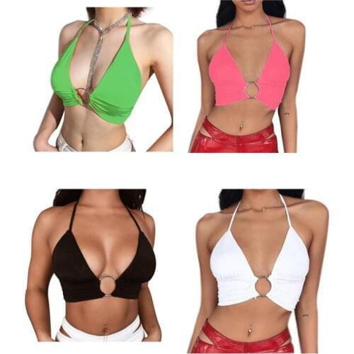 Solid Color Halter Tanks Women Backless Bandage Lace Up Metal Ring Tank Top Party Club Bustier New