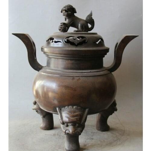 Song voge gem S2234 17" Marked Chinese Bronze 3 Foot Lion Head Beast handle Incense Burner Censer