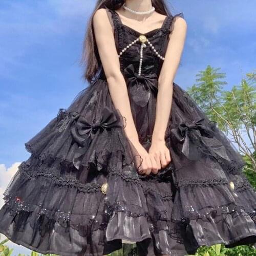 Japanese Gothic Lolita Princess Dress Women Sweet Jsk Tea Party Dress Girl Cosplay Ruffles Bow Pearl Chain Flowers Wedding Dress