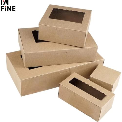 5Pcs Paper Gift Box With Window Wedding Party Kraft Paper Box White Dots Cake Food Packaging Box Blue Candy Cookies Cupcake Box