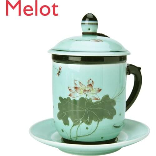 High-End Luxury Chinese Landscape Painting Filter Ceramic Teacup with Lid Modern Minimalist Celadon Tea Cup Coffee Cup
