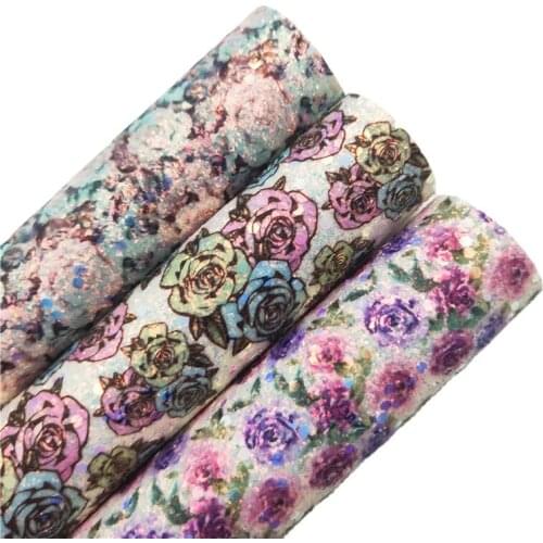 Rose Flowers Printed Chunky Glitter Vinyl Fabric Sheet Felt Backing Synthetic Leather Faux Vinil Bows Earrings DIY A4 SIZE 6S91