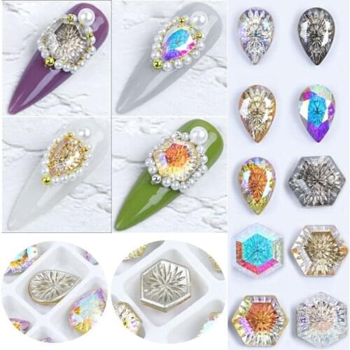 2 Pcs Nail Art Flat Crystal Square Diamond 3D Transparent AB Faceted Colorful Pearl Diamond Design DIY Decorative Nail Art