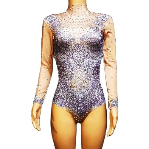 Sparkling Rhinestones 3D Print Leotard Long Sleeve Purple Women Bodysuits Pole Dancing Costumes Nightclub Singer Stage Wear