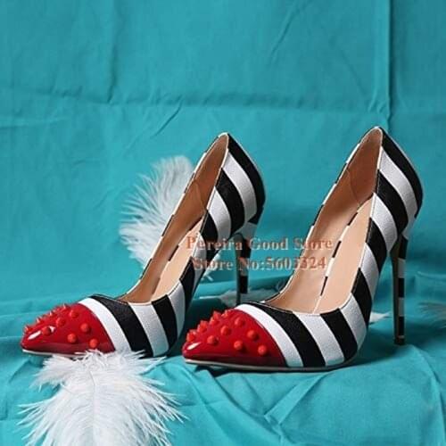 Zebra Print High Heels Shoes Red Studded Pointed Toe Womens Stiletto Pumps Slip on Rivets Patchwork Dress Shoes Drop Ship