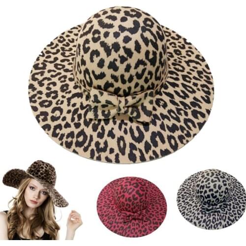 WZCX Leopard Wide Brim Women Felt Hat Autumn Winter Fashion Bow Dome Korean Version Personality Jazz Hat Adult Cap