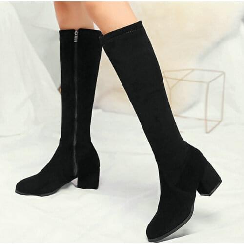 2020 Faux Suede Women Knee High Boots Fashion Square High Heel Round Toe Women Boots Zipper Lady Winter Boots Black Beige