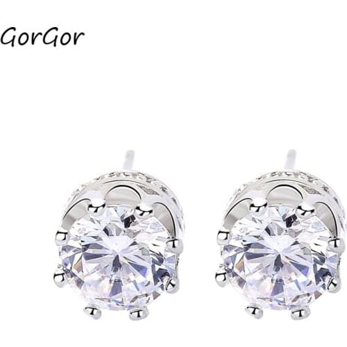 GorGor Stud Earrings Women 925 Sterling Pattern Crown Mosaic Zirconia Luxury Temperament Engagement Fashion Jewelry E048