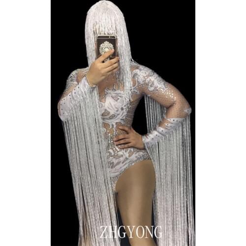Female Crystals Tassels Bodysuit Sexy Sparkly Rhinestones Jumpsuit Singer Dancer Nightclub Bar Party Performance Stage Costumes